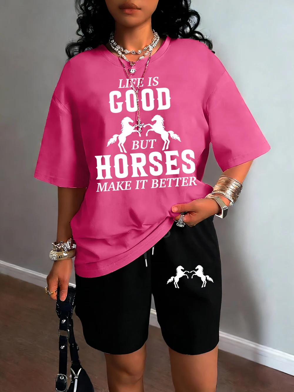 

Creative Good But Horses Make It Better Print Women T-Shirt Set Cotton T Shirts Wide-Leg Drawstring Black Pant Summer Streetwear