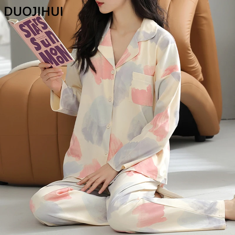 DUOJIHUI Autumn New with Chest Pad Female Pajamas Set Button Cardigan Loose Simple Pant Fashion Contrast Color Pajamas for Women