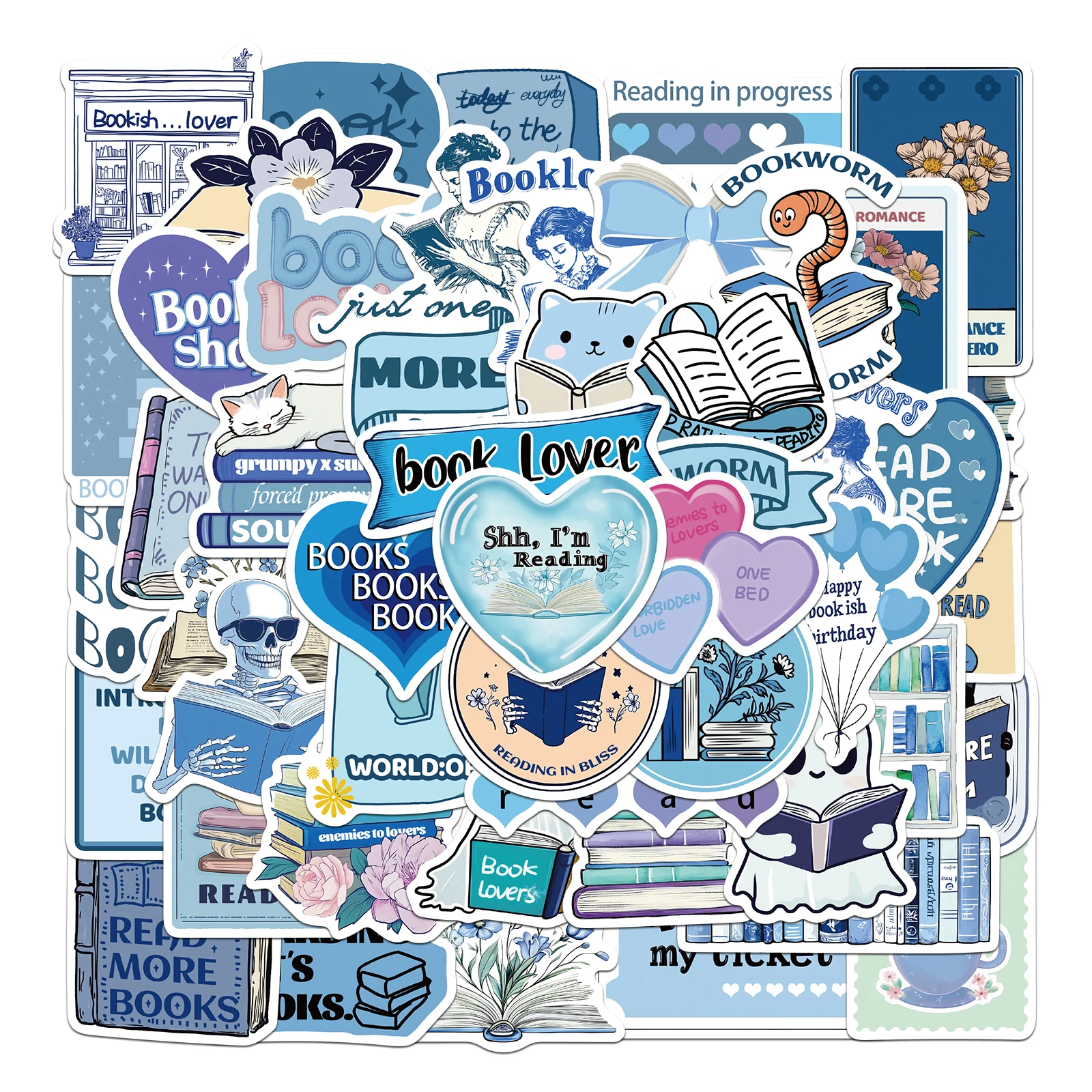 50 Stück blaue Bookish-Aufkleber, exquisite Handbücher, Material, Handyhüllen, Laptop, Koffer, Wasserbecher, wasserfeste Aufkleber
