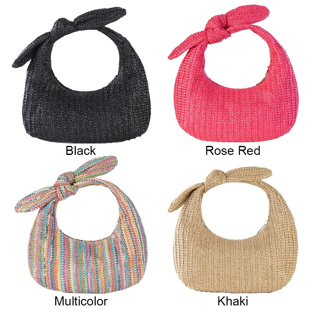 Women Knotted Straw Clutch Purse with Bow Dumpling Evening Clutch Zipper Closure Straw Banquet Bag Female Daily Bag