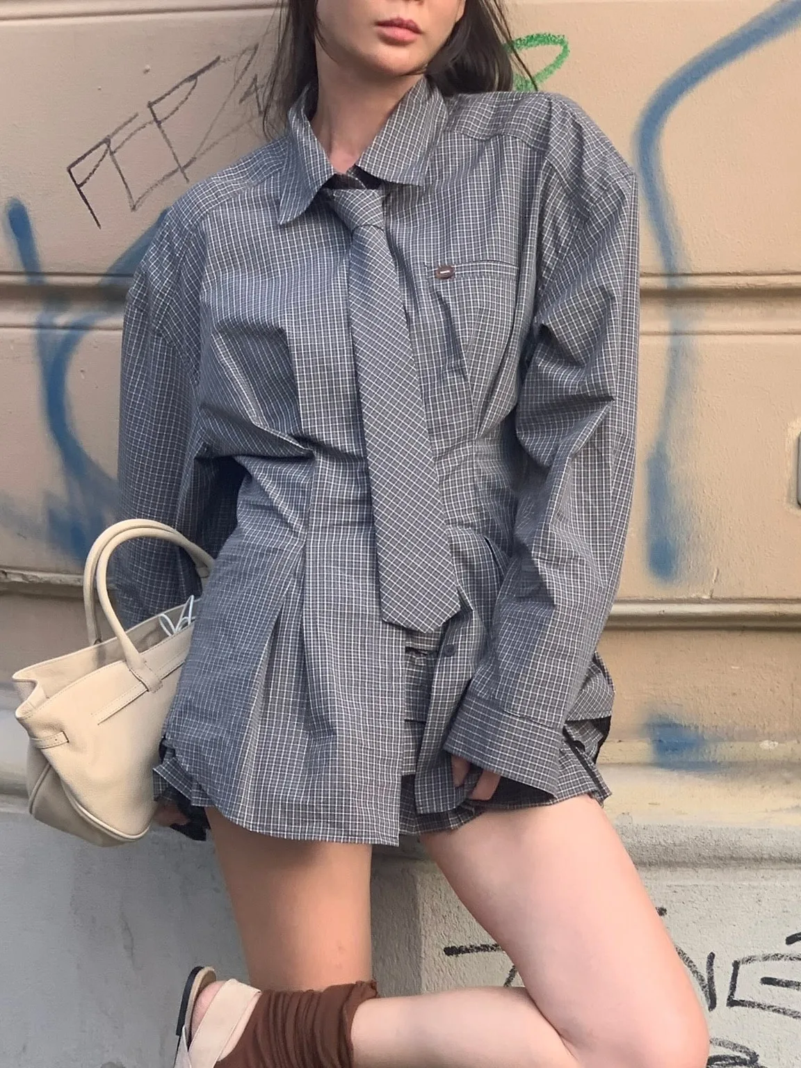 

Fashionable Checkered Shirt Tie Skirt Short Set Women's Spring Outfit Casual Style Long Sleeve Adult Size Two-Piece Set