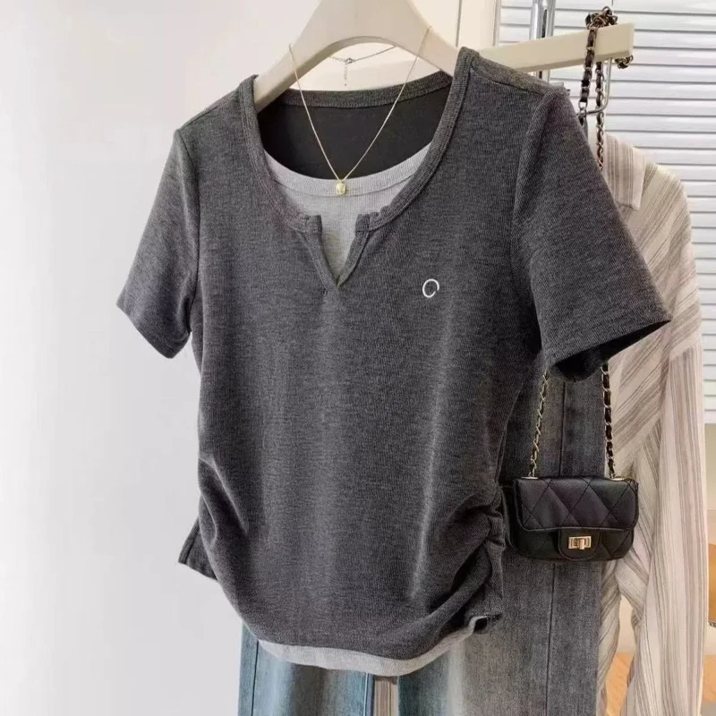 

Korean Fake Two Pieces Short Sleeve Youth Tops Summer New Contrast Pleated Street Casual T Shirts Fashion Trend Women Clothing