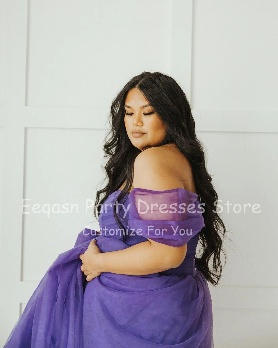 Eeqasn – robe de soirée mi-longue violette, grande taille, plissée, Tulle, ligne A, épaules dénudées, robes d'occasion, nouvelle collection, 2022