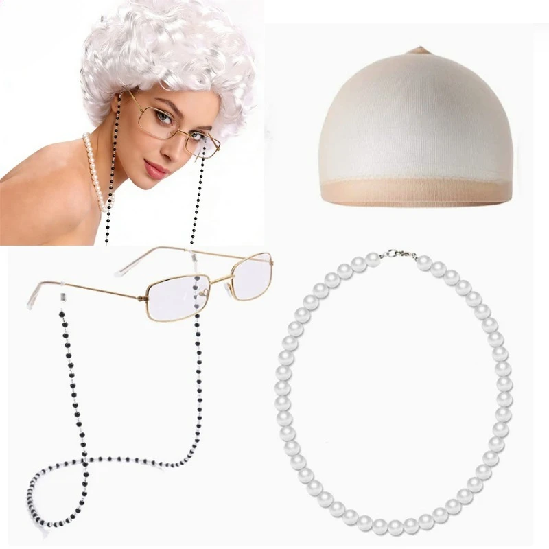 

Комплект париков для костюма пожилой женщины: 5 шт. синтетических париков для косплея бабушки (кудрявые волосы, очки, головной убор, ожерелье) для праздничных вечеринок и костюмированных мероприятий