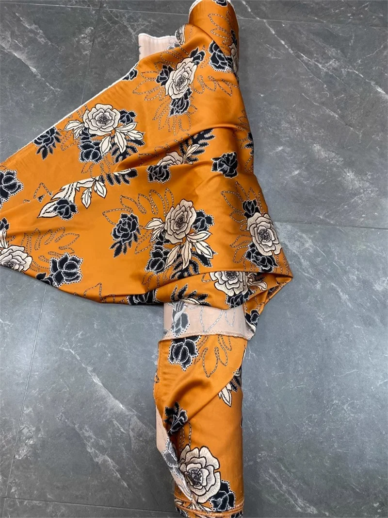 Orange Art Printing Dyeing High End Hanfu Pajamas Dress Handmade Natural Silk Fabric Fashion Luxury DIY Sewing Material By Meter