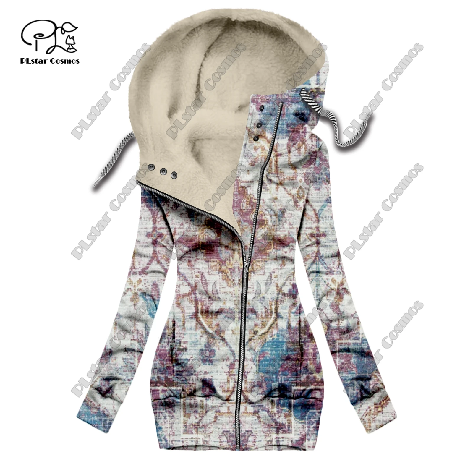 Nueva serie retro con estampado 3D, alfombra floral, patrón de tótem, además de terciopelo cálido, sudadera larga con cremallera para mujer, F-1 informal de invierno
