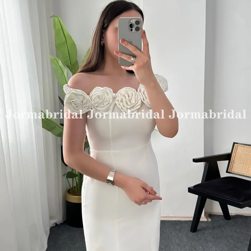 Boat Neck Sheath Wedding Dress with Slit Handmade Flowers Ankle Length Bridal Gowns Israel Bride Mid-length Dress Customized