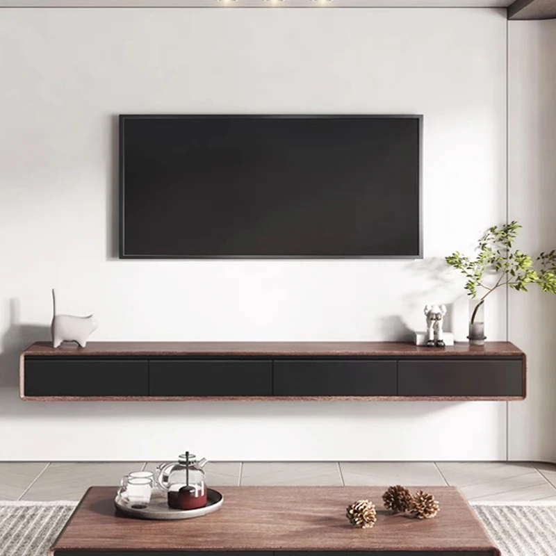 All solid wood suspended wall-mounted TV cabinet walnut black door suspended small apartment hanging bedroom wall-mounted narrow