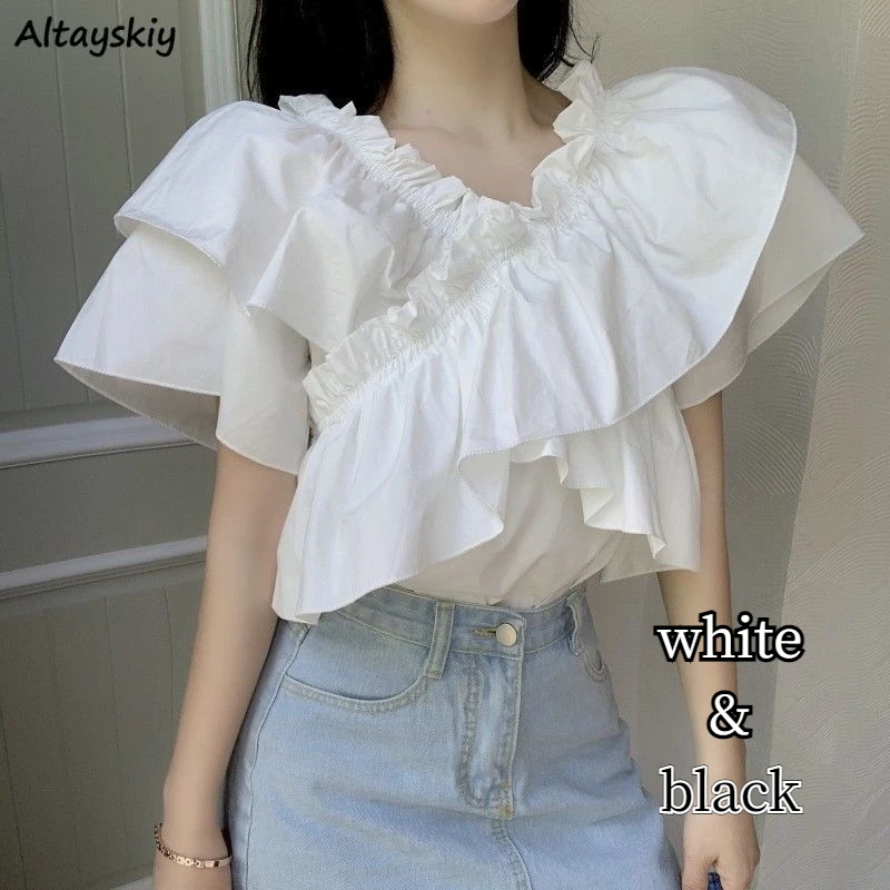 

Slash Neck Blouses Women Sweet Girl Pure Color Korean Preppy Style Tender Summer Thin New Design All-match Sexy Lady Ruffles Ins