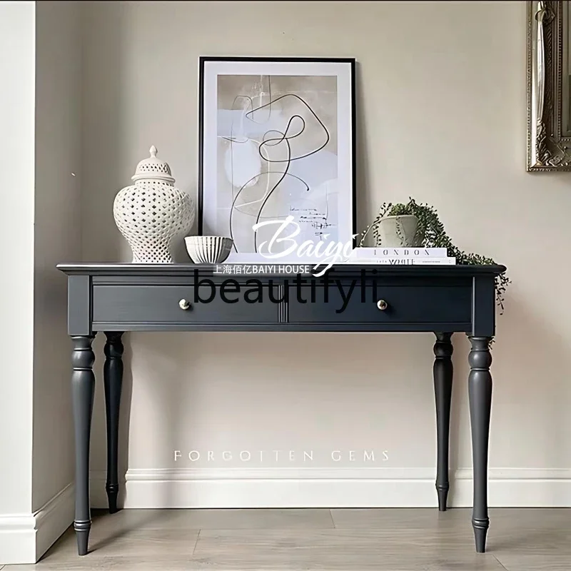 French Retro Entryway Table Against the Wall Solid Wood High-Leg Entryway Table Living Room Ultra-Narrow Entryway Cabinet
