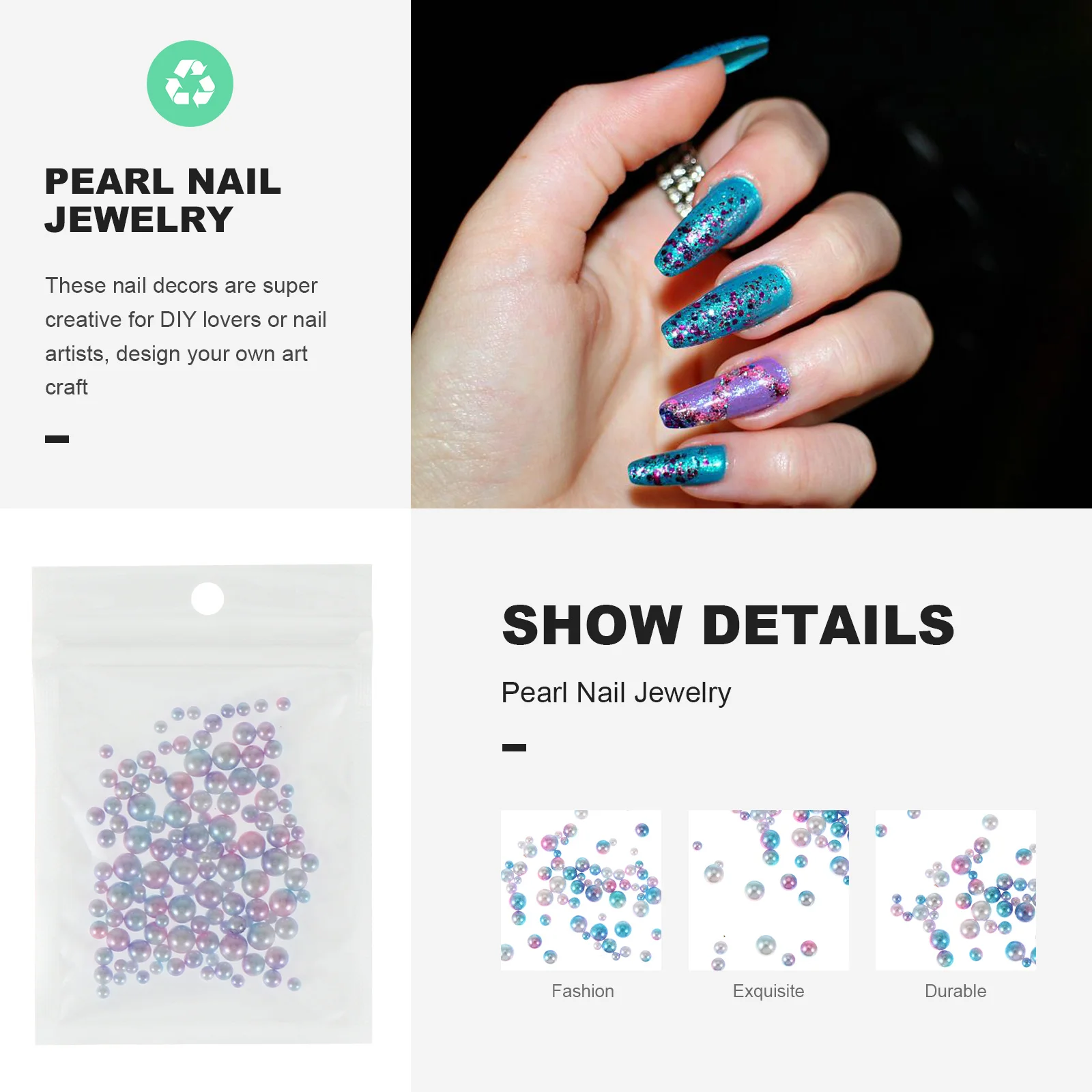 3 Bags Gradient Nail Art Pearls Mixed Size DIY Pearl Decorations Lightweight Safe Nail Art Supplies for Manicure Design