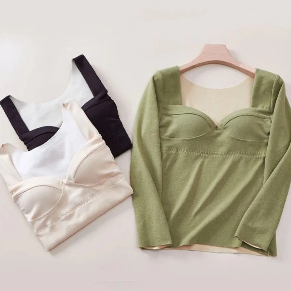 

V Neck Women Thermal Clothes Solid Color Velvet Fleece Thermal Underwear Invisible Feel Heating Warmth Long Tops Autumn/Winter