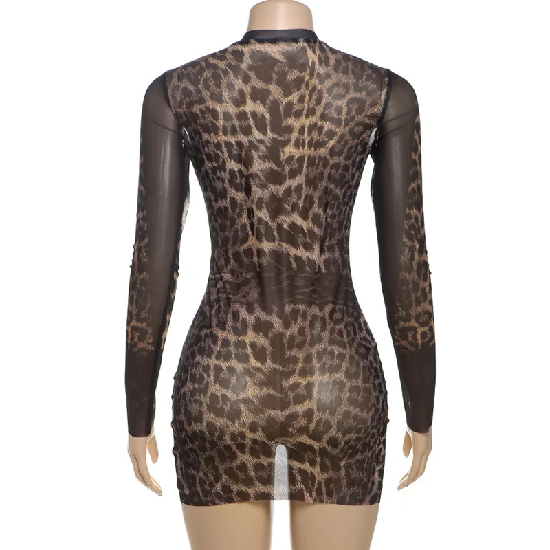 Bangniweigou Sheer เสือดาวตาข่ายชุดผู้หญิงแขนยาว bodycon สั้น robe ไนท์คลับสวมใส่