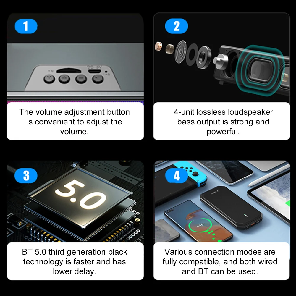 

Компьютерный динамик RGB, Bluetooth-совместимая звуковая панель 5.0, стерео сабвуфер, портативная компьютерная звуковая панель для настольного ПК, ноутбука