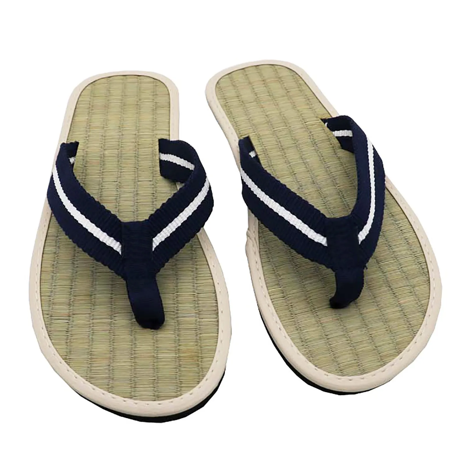 Women Slippers Grass Mat Weave Flat Slippers Comfortable Non Slip Sandals Silent Rattan Flip Flops Stripe Strap Casual Slippers