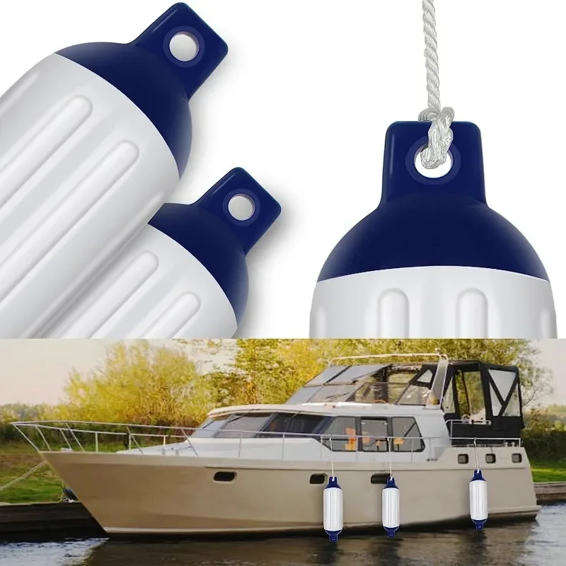 2 PCS White&Blue Vinyl Twin Eyes Boat Fender Bumpers with Ribbed Boat Fenders for Docking 4.5/6.5/8.5inch