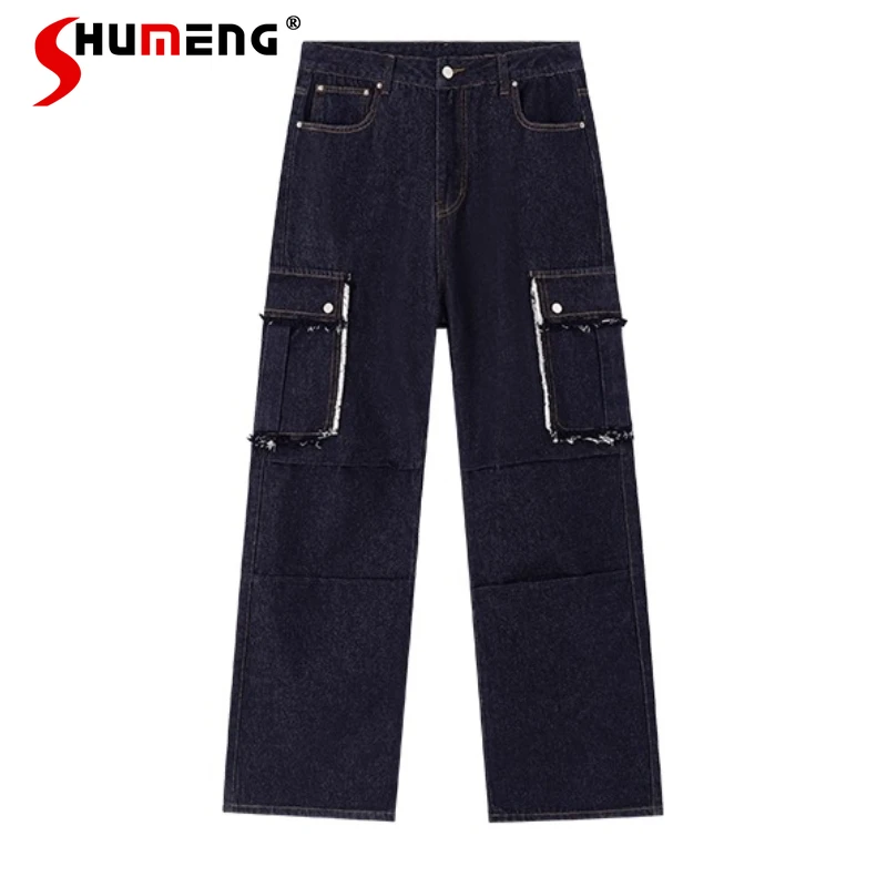 

Fashion Denim Cargo Pants Men Women 2025 Autumn New Multi-Pocket Loose Comfort Straight-Leg Jeans Trendy Handsome Denim Trousers