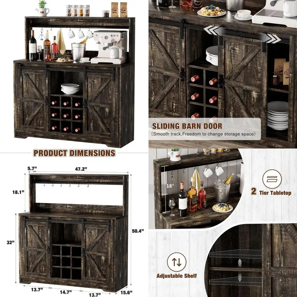 

Шкаф для кофе-бара в стиле фермерского дома с местом для хранения, столиком для эспрессо с 6 крючками и съемной полкой для вина для домашней станции напитков