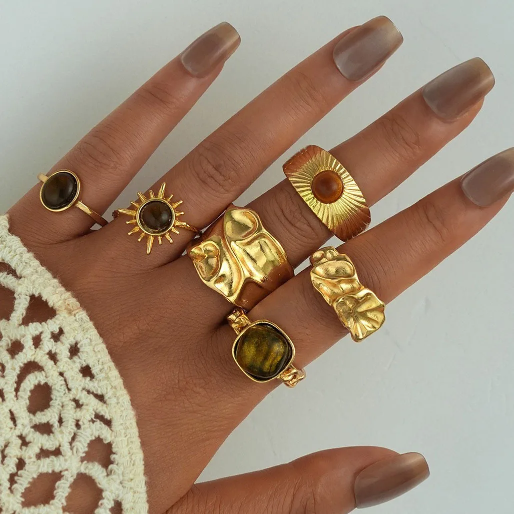 

Hot-selling inlaid color-preserving sunflower open ring set six-piece women's fashion versatile trend jewelry