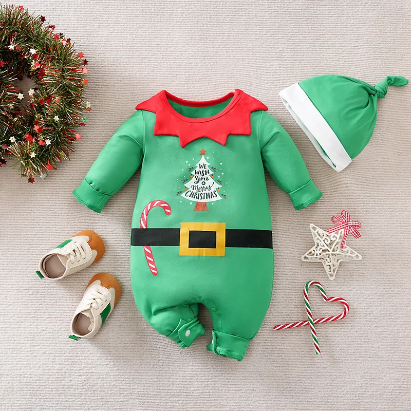 

Christmas Dress Up Baby Clothes Green Christmas Tree Pattern Cute Long Sleeved Jumpsuit For Boys And Girls
