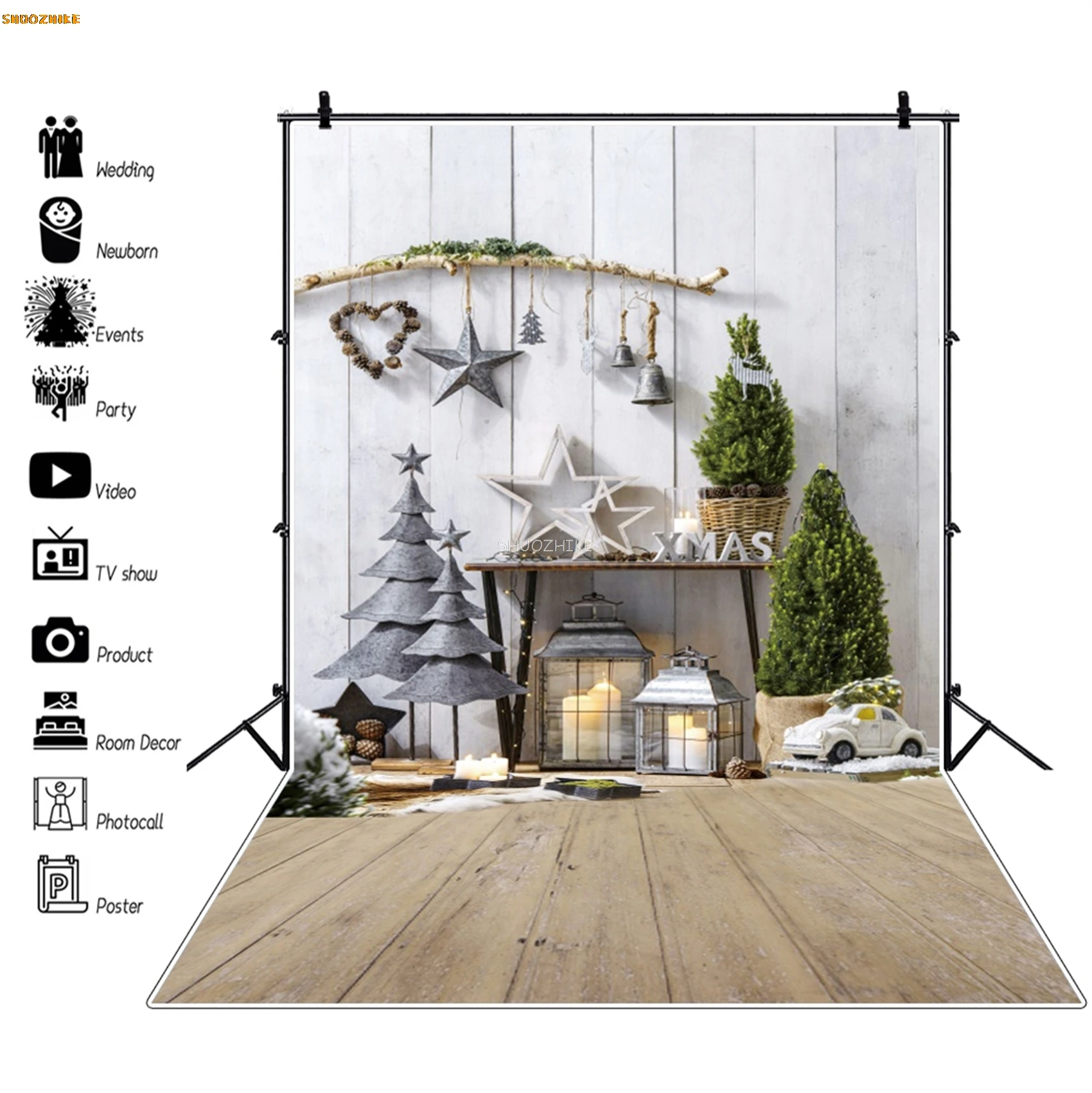 

Gray Wood Wall Christmas Festivals Tree Lantern Party Baby Toys Floor Child Photozone Photo Background Photo Backdrops