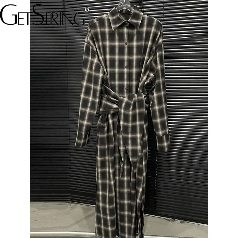 GetSpring Women Shirt 2024 Autumn New Full Sleeve Plaid Waistband Bandage Long Blouse Fashion All Match Loose Casual long Tops