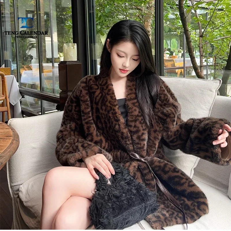 Leopard Print Faux Fur, Medium Length V-neck Lace Up Thick Fur One-piece Jacket, Women's Autumn and Winter New Style