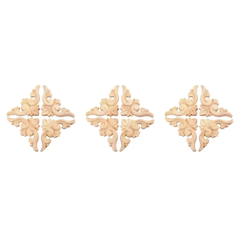 A84E-12Pcs 6X6cm European Style Wood Carved Corner Onlay Applique Furniture Unpainted Door Decor