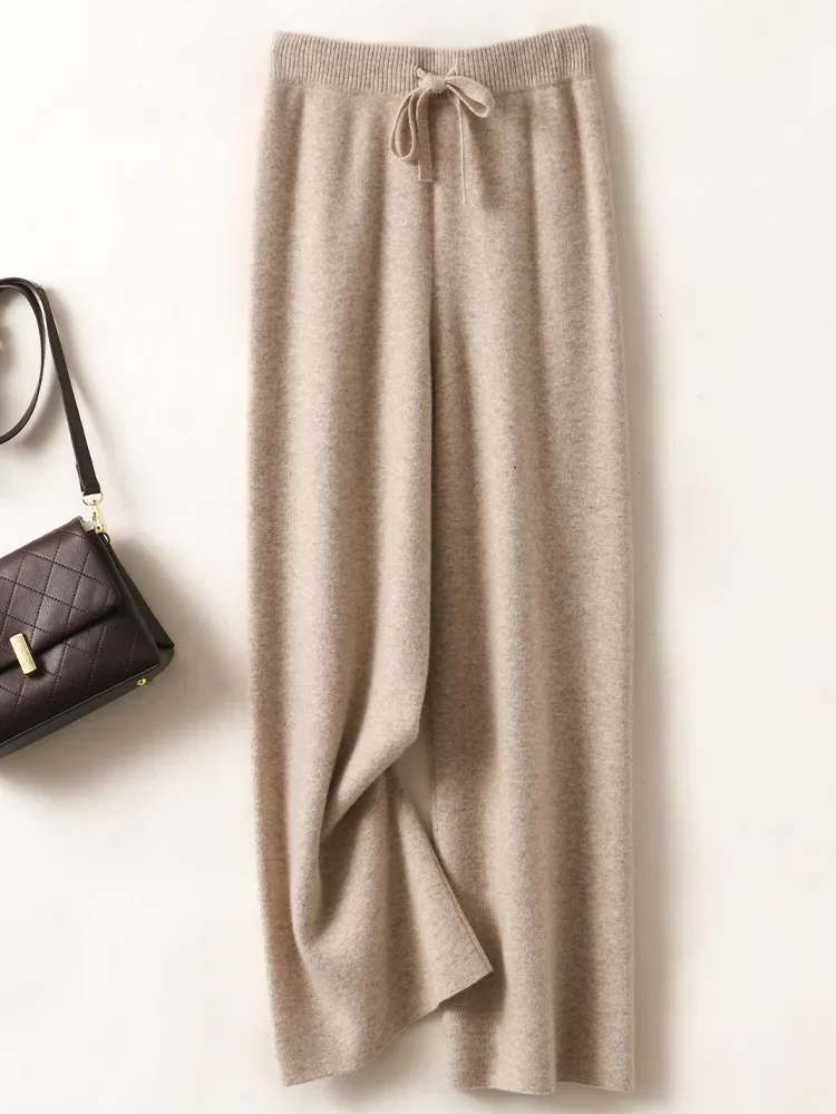 Autumn Winter Women's Pants Basic Soft Casual Sashes Trousers 100% Merino Wool Knitwear Korean Popular Pants