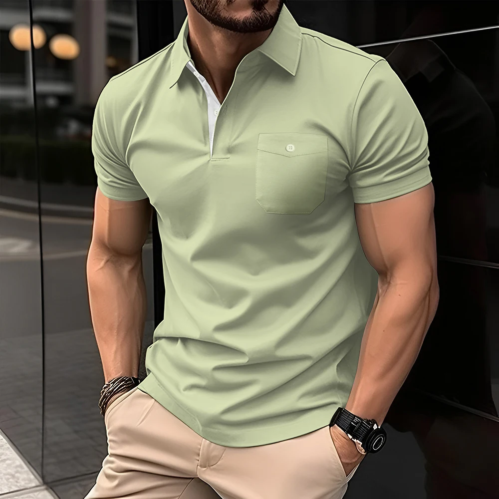 Men's Polo Shirt Solid Color Chest Pocket Men's Summer Shirt Business Leisure Style Fashion Men's Wear Tennis Men's Polo Shirt