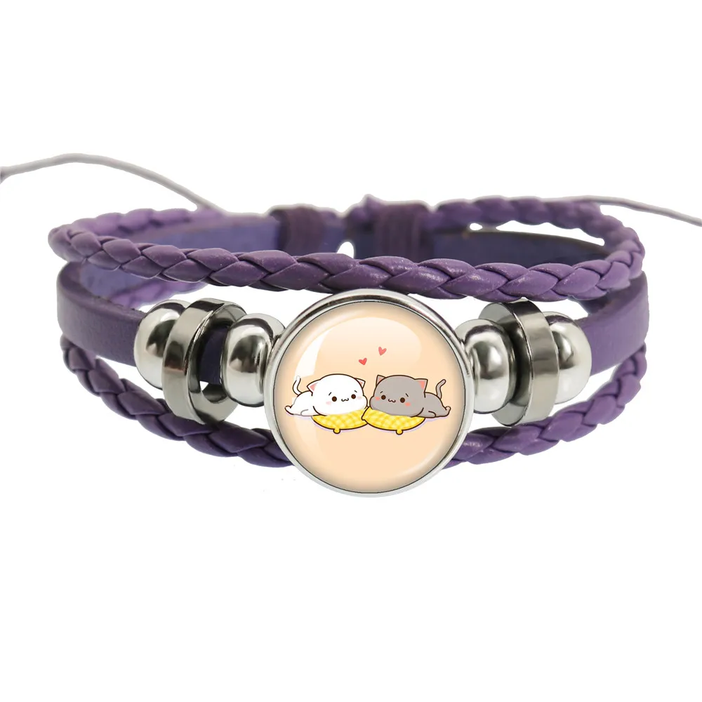 Net Red Cute Couple Mitao Cat Purple Leather Bracelet Glass Cabochon Button Bangles Wristband Fashion Jewelry Gifts For Friends