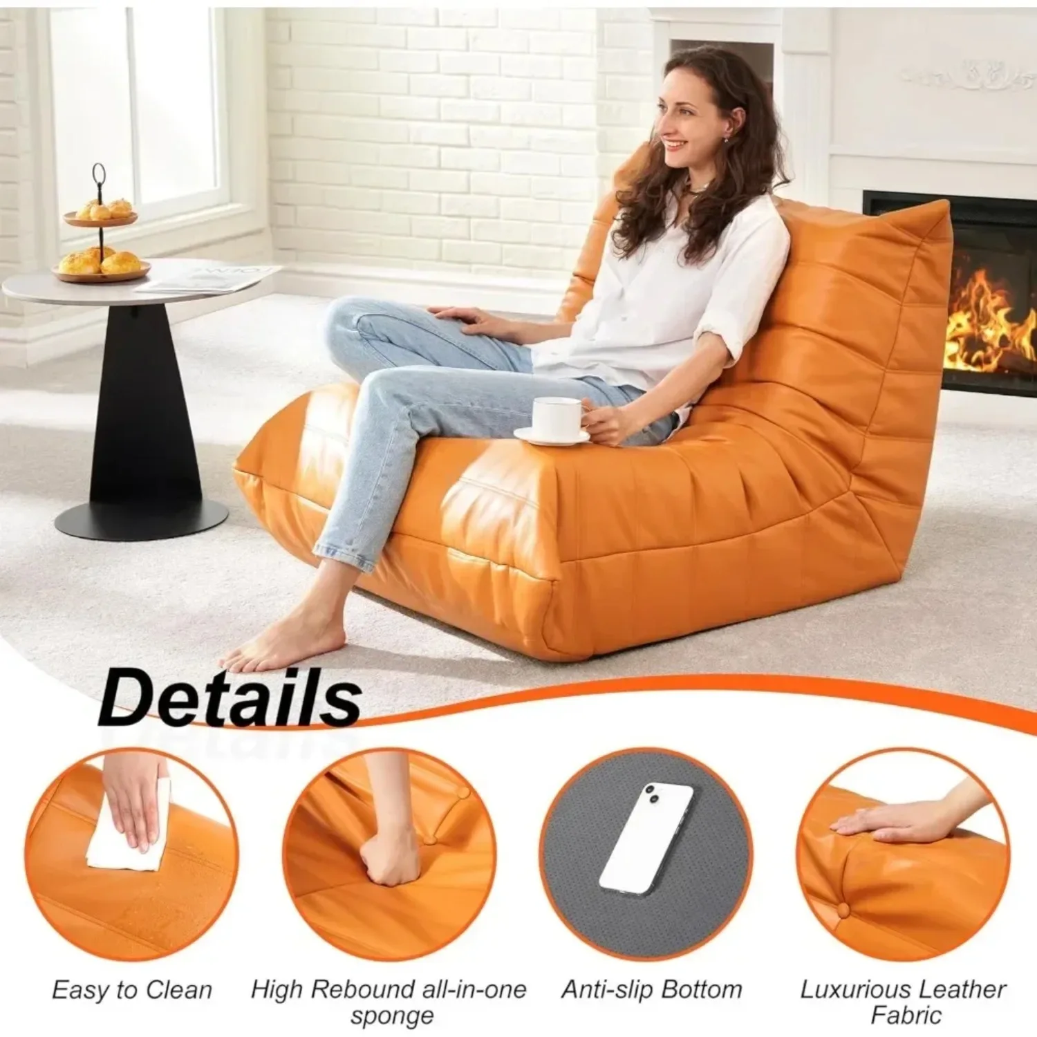 Bean Bag Chair Giant Sofa Memory Foam Bean Bag Chairs for Adults, Sofa Sack Faux Leather Bean Bag (Orange)