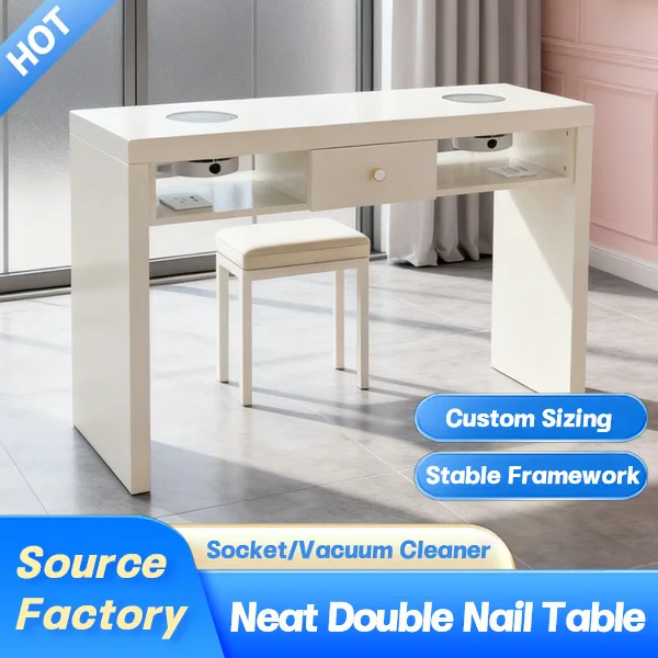 Professional Wooden Nail Bar Furniture 2 Seater White Manicure Nail Desk Table with 2 Dust Collectors and 2 Sockets