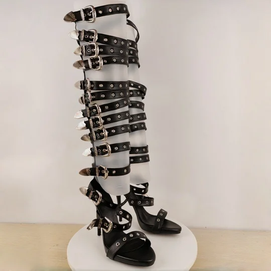 

Women's Sexy Long Knee-High Boots Open Toe Stiletto Heel Gladiators Metal Buckle Fashion Party Runway Model Spring 2026