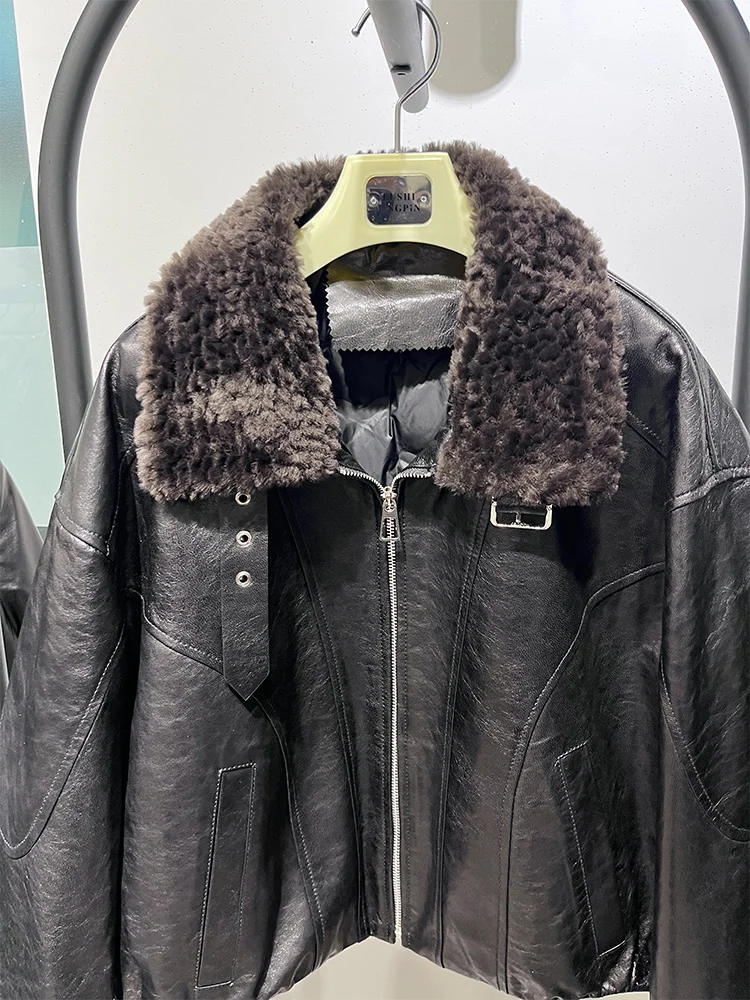 Natürliche Echte Schaffell Leder Jacke Merino Schafe Pelz Kragen Gans Unten Jacke Mantel frauen Luxus Weibliche Puffer Mäntel