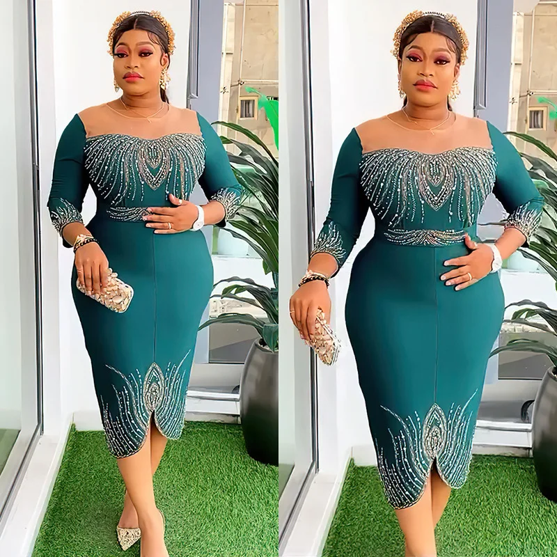 African Dresses for Woman Evening Party Dress O Neck Mesh Patchwork Slim Fit Knee Length Formal Occasion Event Church Gowns