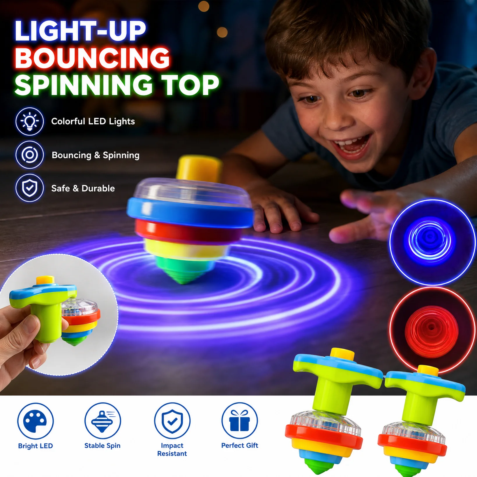LED Light Up Bouncing Gyro Toy Flashing Spinning Top No Music Glowing Stress Relief Toy Kids Birthday Party Favors Gift for Boys