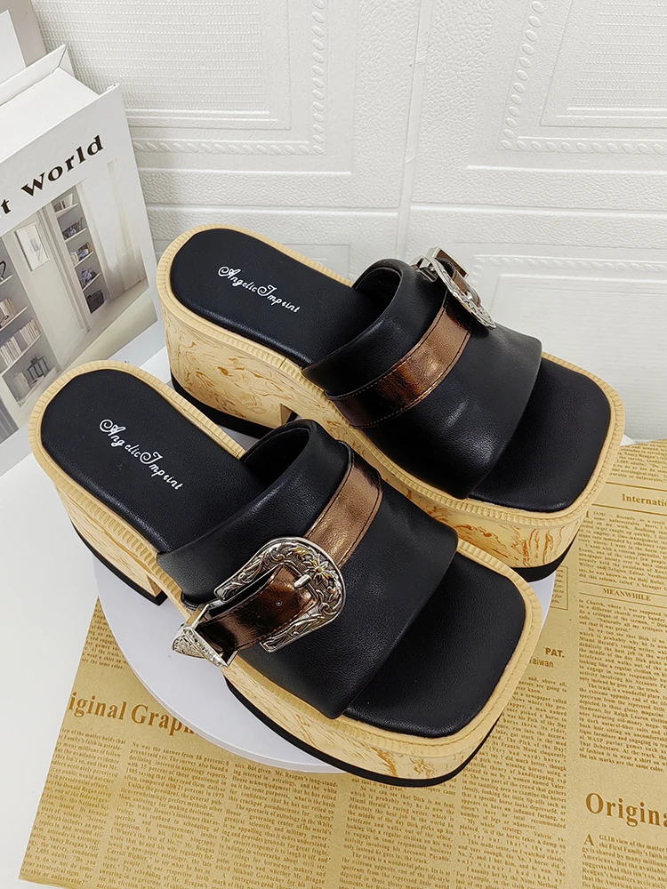 2025 New Product Lolita Heavy Industry Wood Grain Bottom High Heels And Sponge Cake Shoes Japanese Girls' Campus Single Shoes