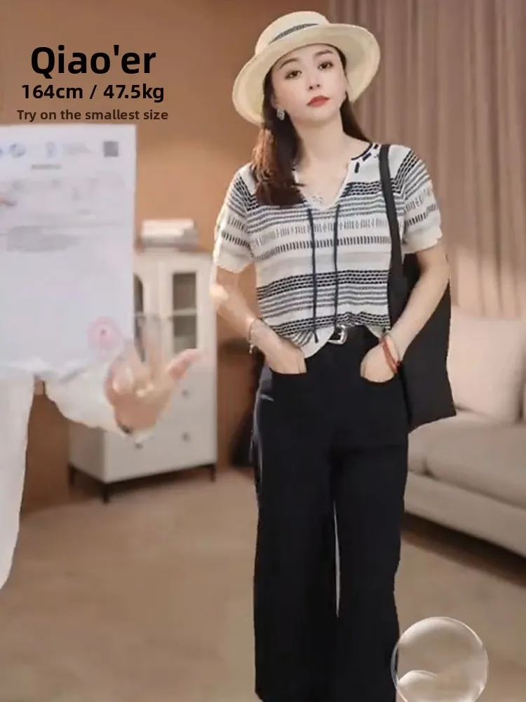 Korean Sle Ice Silk Knitted ort Sve Top Women's Faion Color Blo Striped Loose Fit Summer Trendy Versatile Top