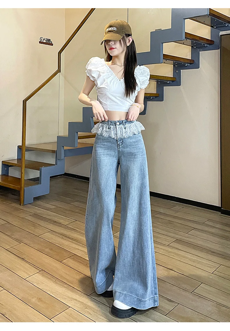 Street Trend Lace Patchwork Denim Wide-leg Pants, Women's Spring Fashion High-waisted Loose Design Sense of Straight Leg Jeans