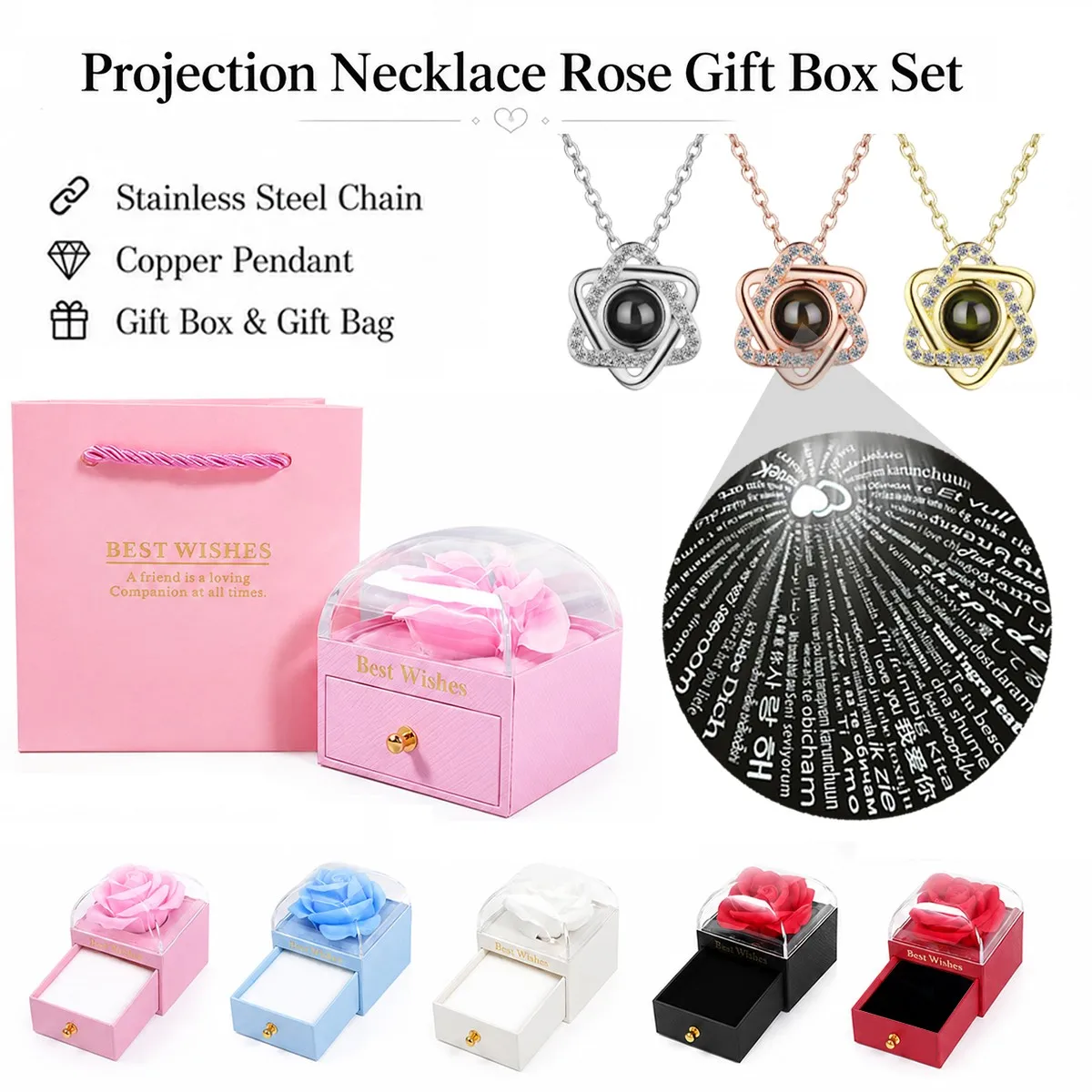 100 Languages Projection Hexagram Pendant Necklaces With Rose Gift Box For Women Mother Christmas Valentine Birthday Jewelry