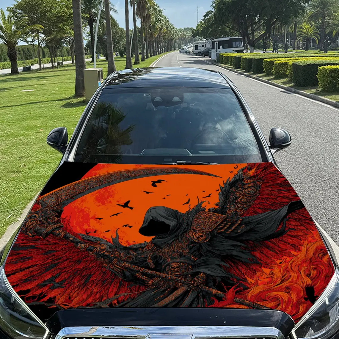 Fiery Dark Grim Reaper Pattern car hood stickers, waterproof self-adhesive, scratch resistant, easy to stick, durable car PVC st