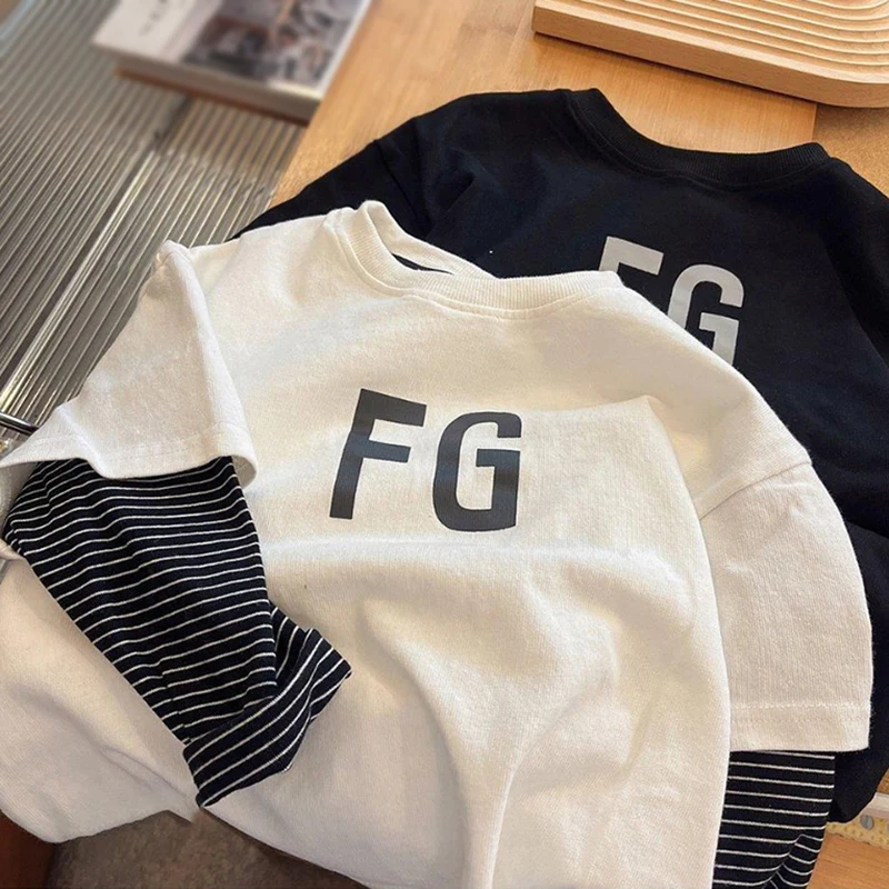 Spring Kids Boys O-neck Long Sleeve Base Shirt Girls Pure Cotton Fake Two-piece Striped Children T-shirt 0-13 Years Old