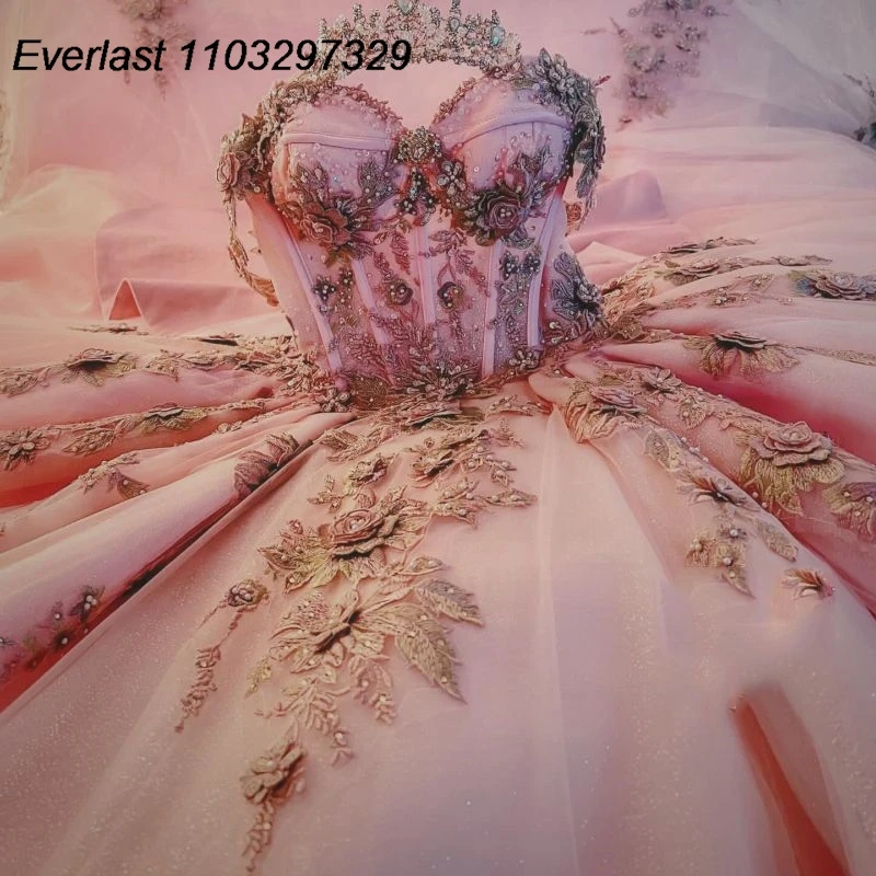 EVLAST-vestido De quinceañera rosa, vestido De baile, apliques De flores 3D, corsé De cuentas, México con lazo, dulce 16, 15 años, TQD648