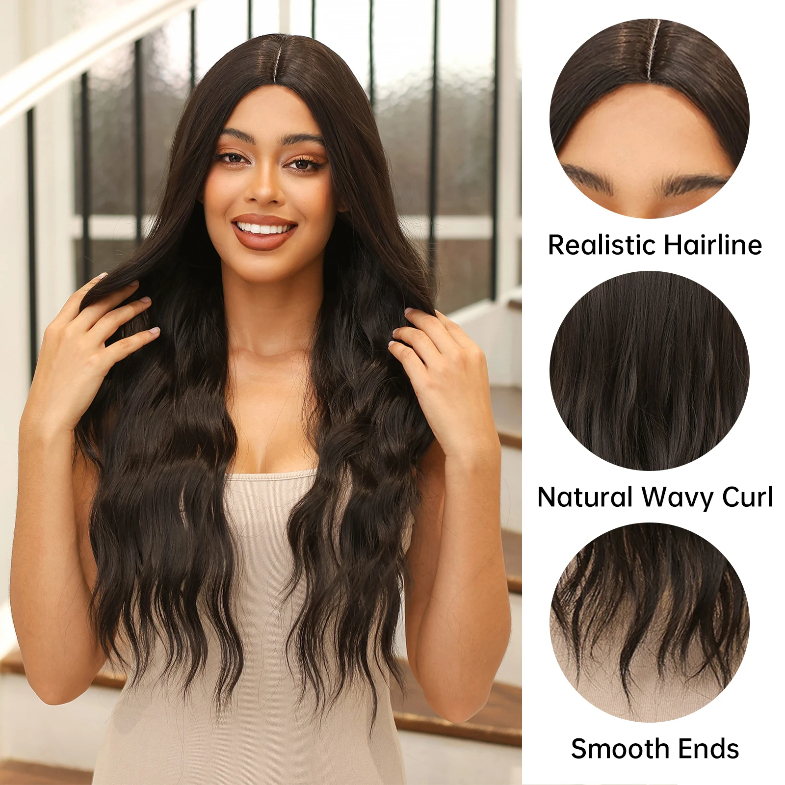 DWY Long Wavy Hairline Lace Synthetic Wigs Dark Black Natural Middle Part Wig For Women Daily Party Fake Hair Heat Resistant