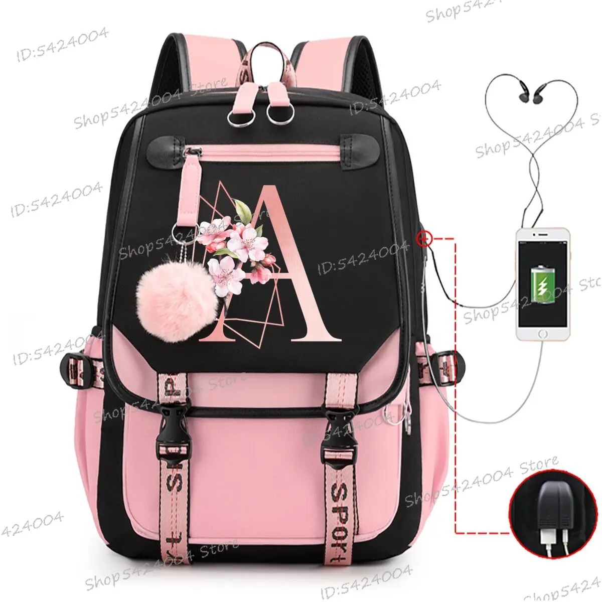 College Students School Bags Pink Sakura Letters R Fashion Travel Backpack Teenage Girls Black Pink Satchel A-Z Cartoon Satchel