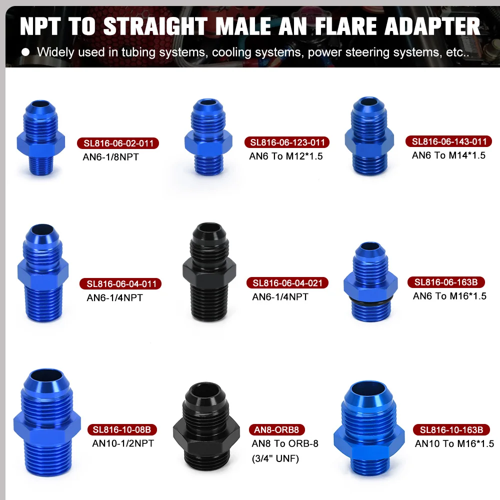 Male AN6 to 1/2 NPT 1/4 NPT 3/8NPT M10*1.5 M20*1.5 Straight Adapter Flare Fitting auto hose fitting Male Oil cooler fitting