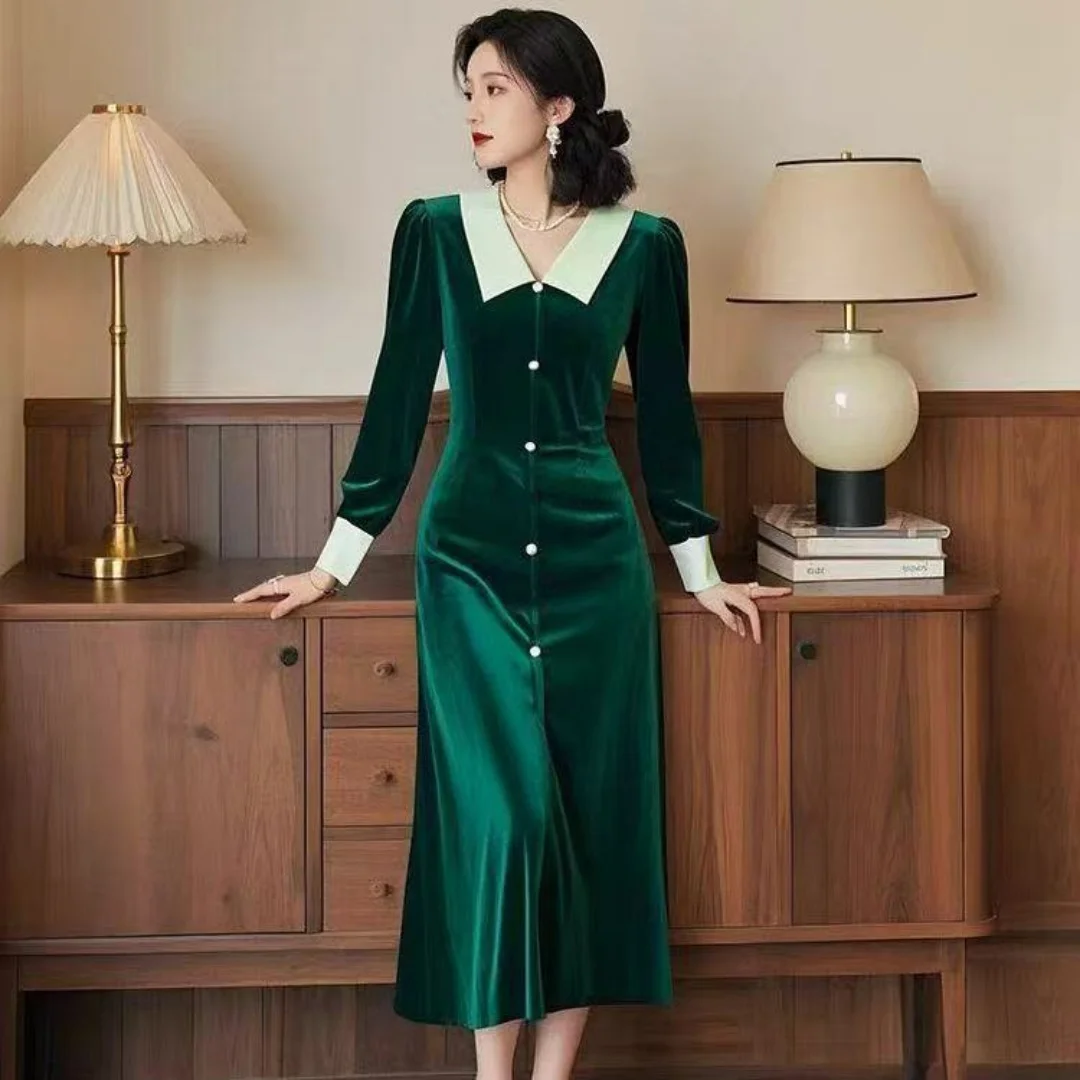 

Весеннее новое модное темно-зеленое бархатное платье RAIN YAN LIN для женщин, элегантное, с отложным воротником, длинным рукавом, приталенное, длинное, для офиса