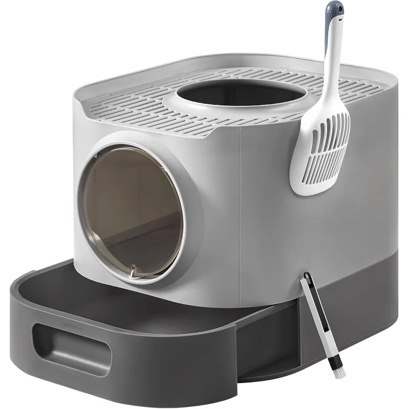 

Cat Litter Box with Lid, XL Enclosed Litter Box with Slide-Out Tray, Scoop, Brush, Anti-Tracking, for Cats of Different