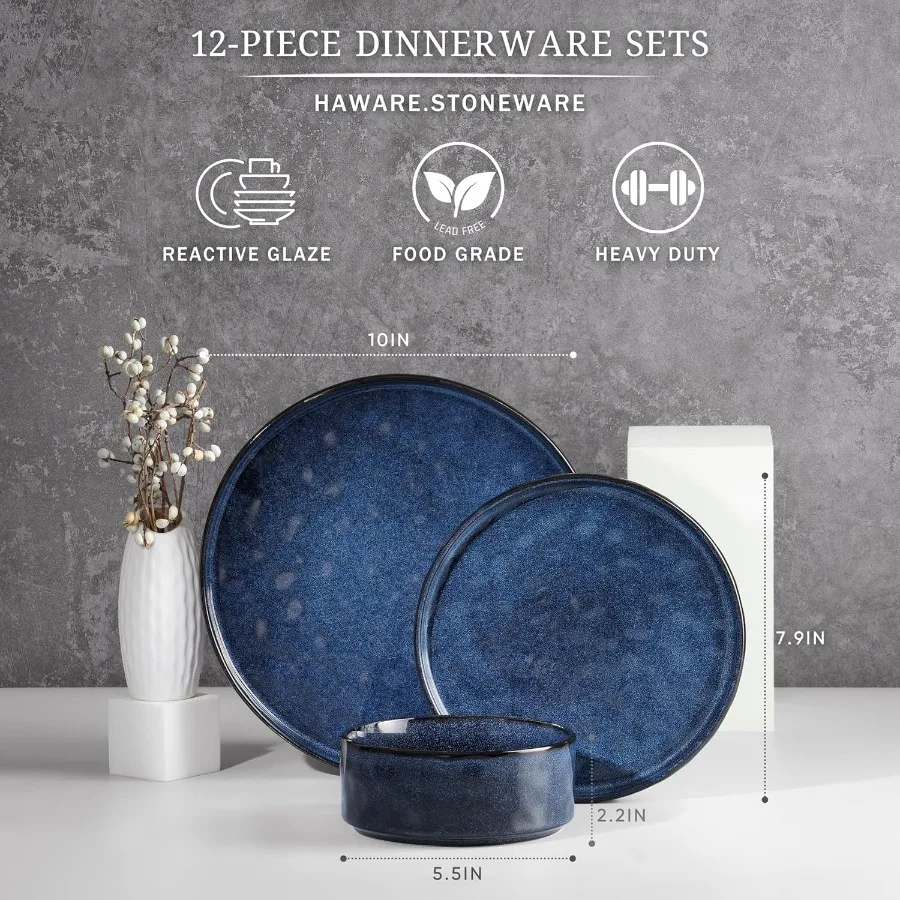 12Piece Stoneware Dinnerware Set for 4 Including Plates and Bowls Reactive Starry Blue Ceramic Dish Set for Home Restaurant Use